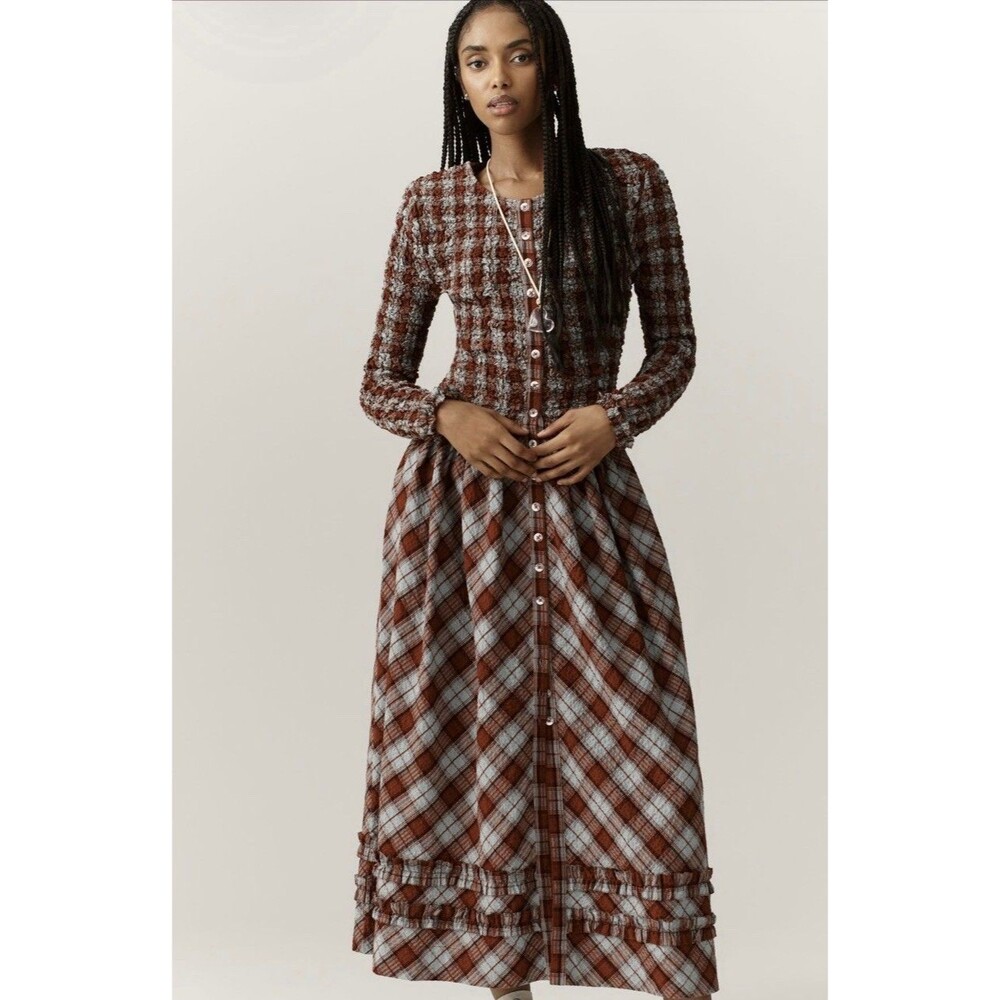 Anthropologie Damson Madder Midi Dress Blue Posey Smocked Cotton Retro Sz 4 NWT
